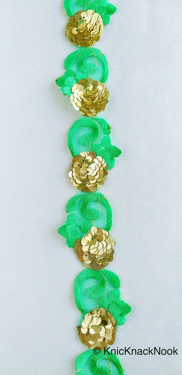 Wholesale Green Trim, Tissue Fabric Cutwork Floral Embroidery & Gold Sequins Approx. 40mm Wide, Trim By 9 Yards Indian Sequins Border